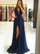 Sexy Backless Side Slit Navy Halter Custom Long Evening Prom Dresses, 17718