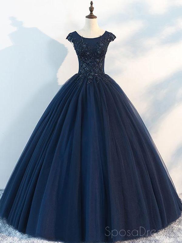 Navy Cap Manches Robe de bal Tulle Cheap Long Evening Prom Robes, Custom Sweet16 Robes, 18410