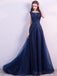 Scoop Navy Lace Perle Longues Robes de Bal du Soir, Cheap Custom Sweet 16 Robes, 18525