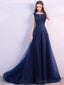 Scoop Navy Lace Beaded Long Evening Prom Dresses, Cheap Custom Sweet 16 Dresses, 18525