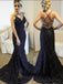 Sexy Backless Navy Lace Mermaid Long Evening Prom Dresses, 17698