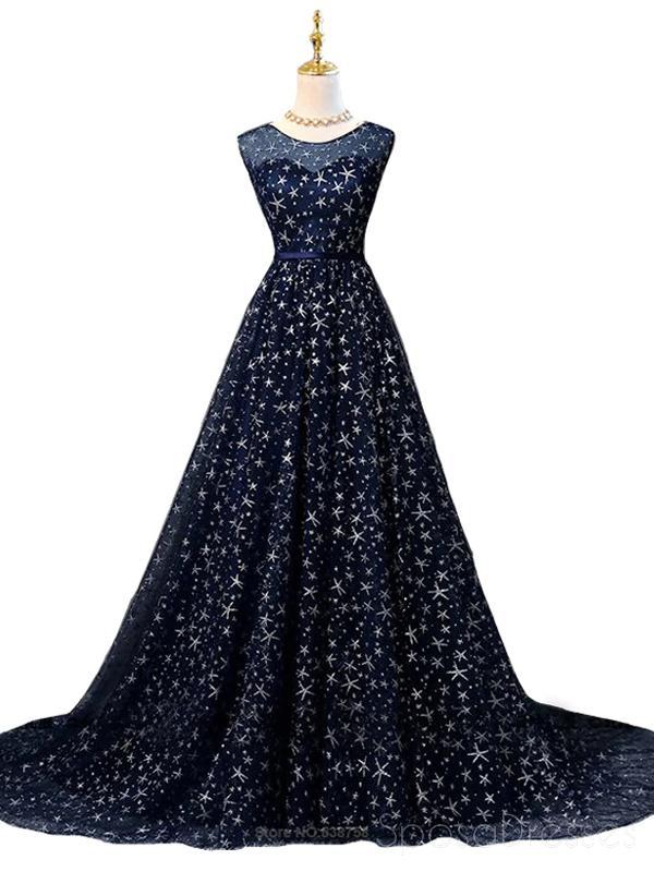 Scoop Navy Star Sequin Cheap Long Evening Prom Robes, Cheap Custom Sweet 16 Robes, 18536