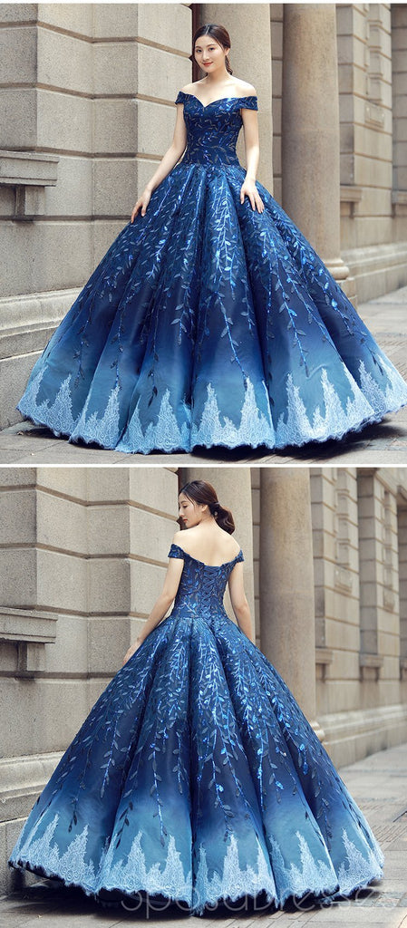 Off Shoulder Navy Blue Ball Gown Prom Dresses, Sweet 16 Dresses, Quinceanera Dresses, 12382