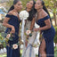 Navy Blue Mermaid Off Shoulder V-neck Cheap Long Bridesmaid Dresses,WG1327