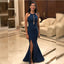 Navy Blue Mermaid Halter Side Slit Cheap Long Bridesmaid Dresses,WG1561