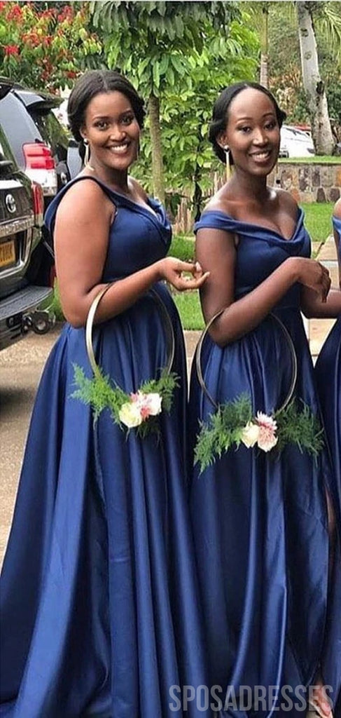 Elegant A-line Navy Blue V -neck Off the Shoulder Cheap Bridesmaid Dresses Gown Online, WG959