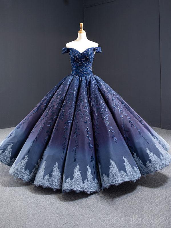 Off Shoulder Navy Blue Ball Gown Prom Dresses, Sweet 16 Dresses, Quinceanera Dresses, 12382