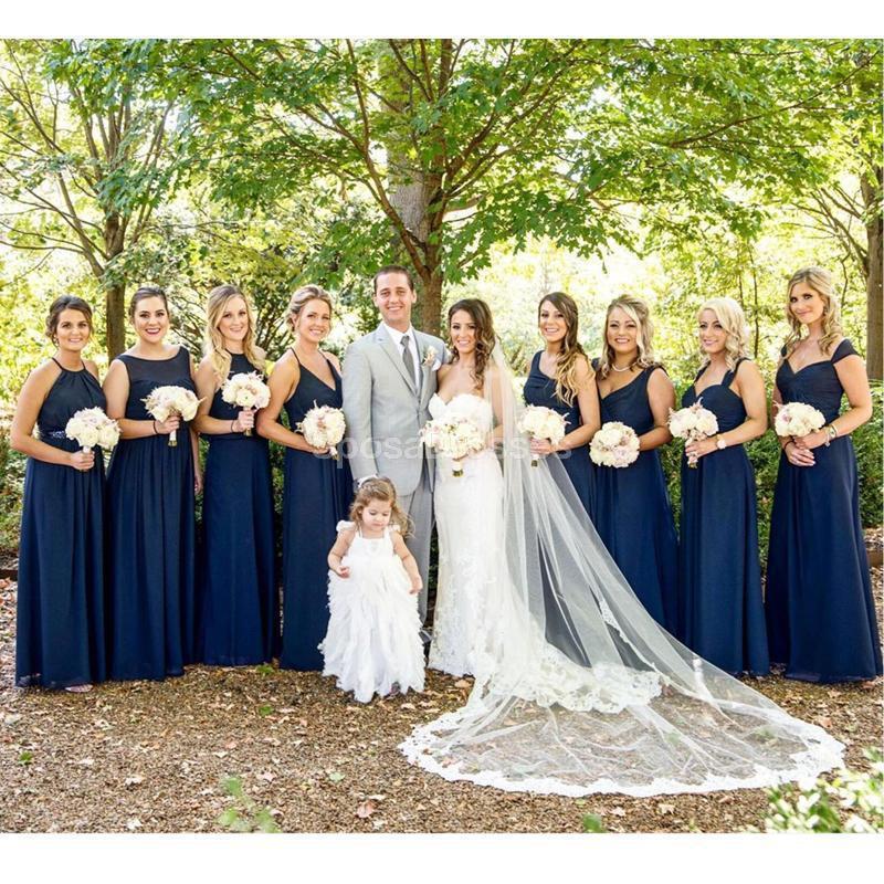 Mismatched Navy Chiffon Long Bridesmaid Dresses Online, Cheap Dresses, WG702