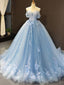 Off Shoulder Blue Handmade Flower Long Evening Prom Dresses, Evening Party Prom Dresses, 12163