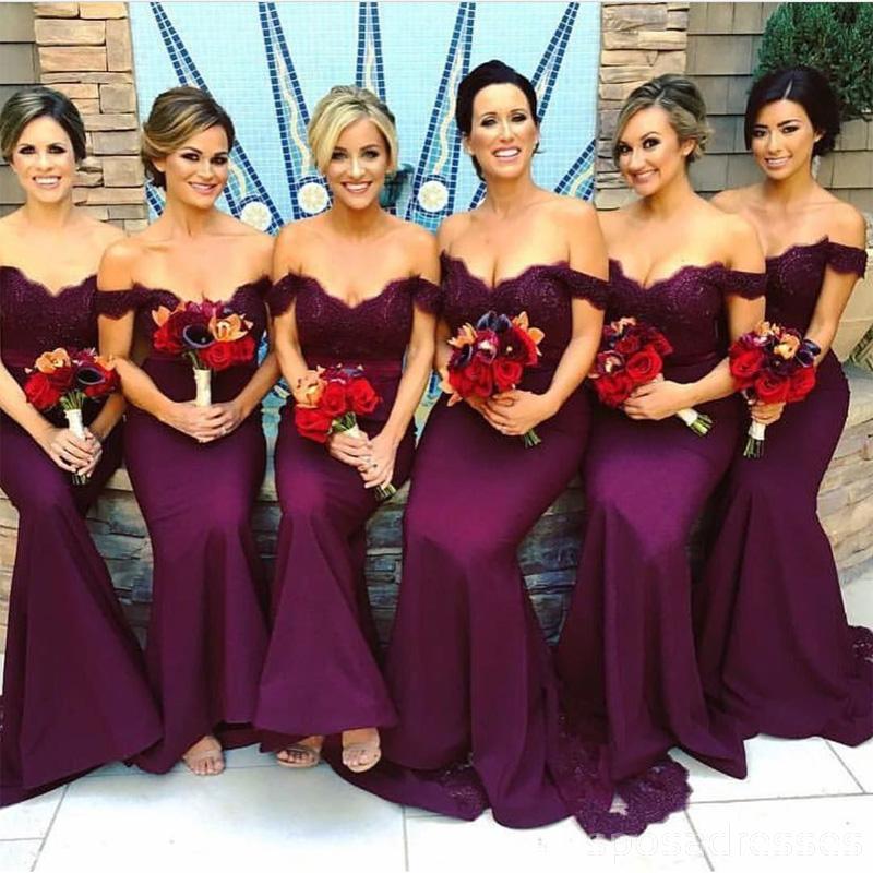 Burgundy Off Shoulder Lace Sereia Cheap Long Bridesmaid Vestidos Online, WG310