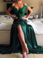 Off Shoulder Emerald Green Side Slit Lace Evening Prom Dresses, Long Prom Dresses, 17064