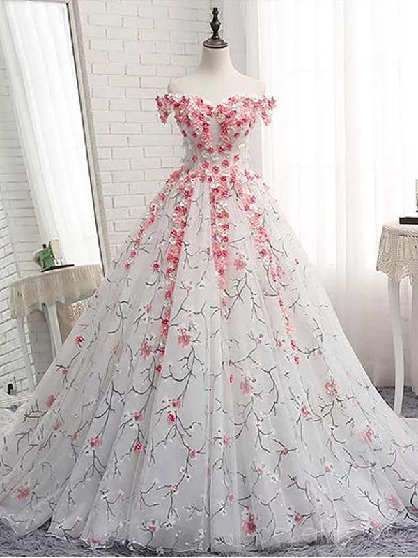 Off Shoulder Lace Applique A-line Evening Prom Dresses, Cheap Custom Sweet 16 Dresses, 18535