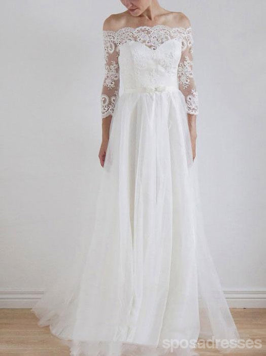 Off Shoulder Long Sleeve Lace A-line Cheap Wedding Dresses Online, WD336