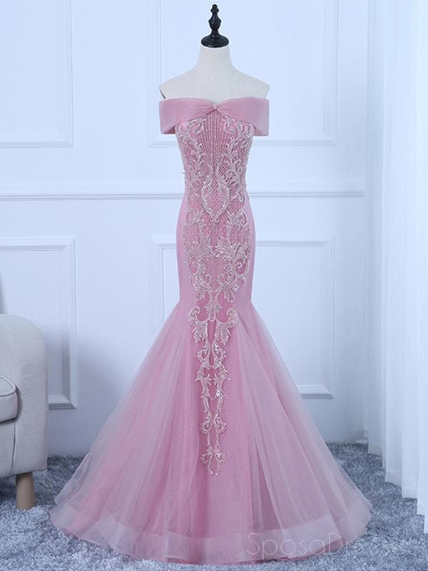 Pink Off Shoulder Lace Beaded Mermaid Long Evening Prom Dresses, Evening Party Prom Dresses, 18641