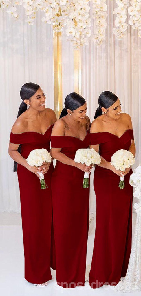 Burgundy Mermaid Off the Shoulder High Slit V-neck Bridesmaid Dresses Gown, WG1031