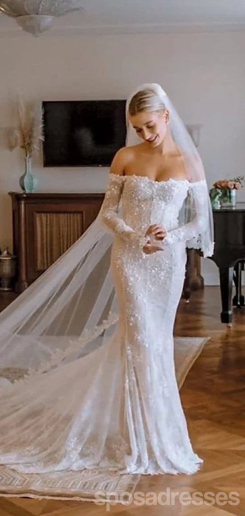 Off Shoulder Long Sleeves Mermaid Sweetheart Lace Wedding Dresses,WD738