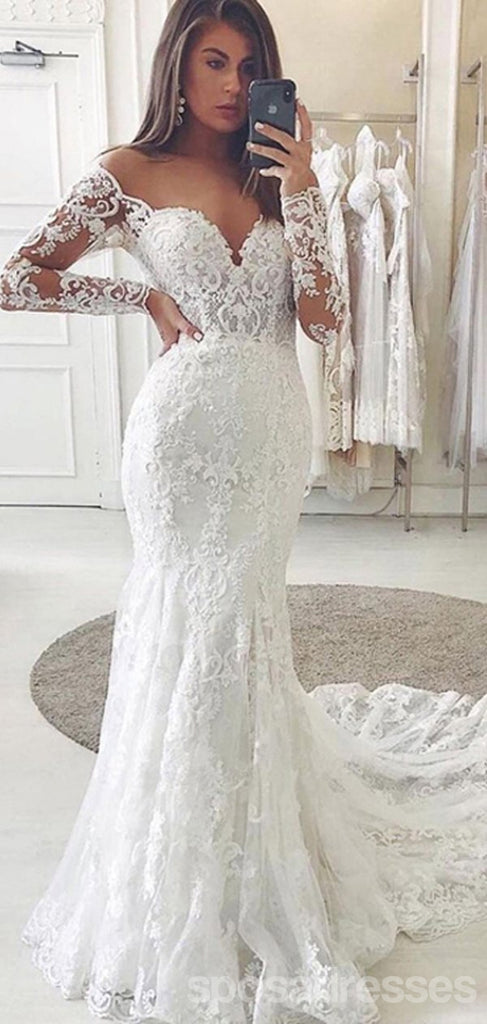 Long Sleeves Off Shoulder V-neck Long Mermaid Lace Wedding Dresses,WD769