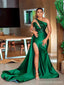 Green Mermaid One Shoulder High Slit Party Prom Dresses, Prom & Dance Dresses,12534