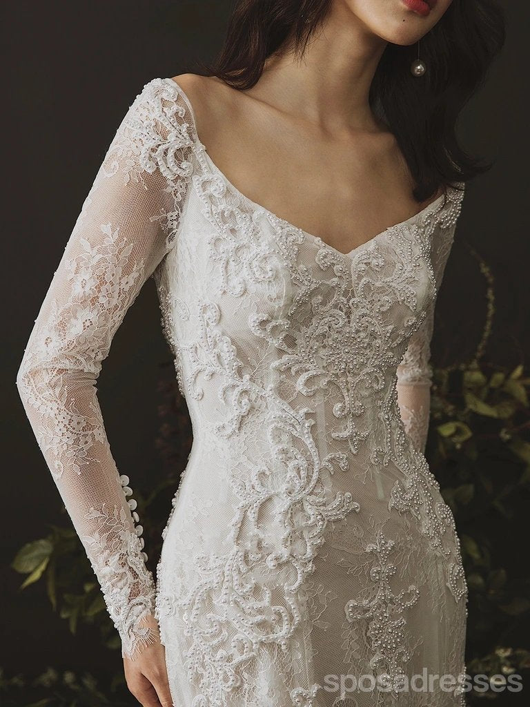 Open Back Long Sleeves Lace Mermaid Wedding Dresses Online, Cheap Bridal Dresses, WD631