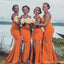 Mermaid Orange One Shoulder High Slit Cheap Bridesmaid Dresses Gown Online, WG1052