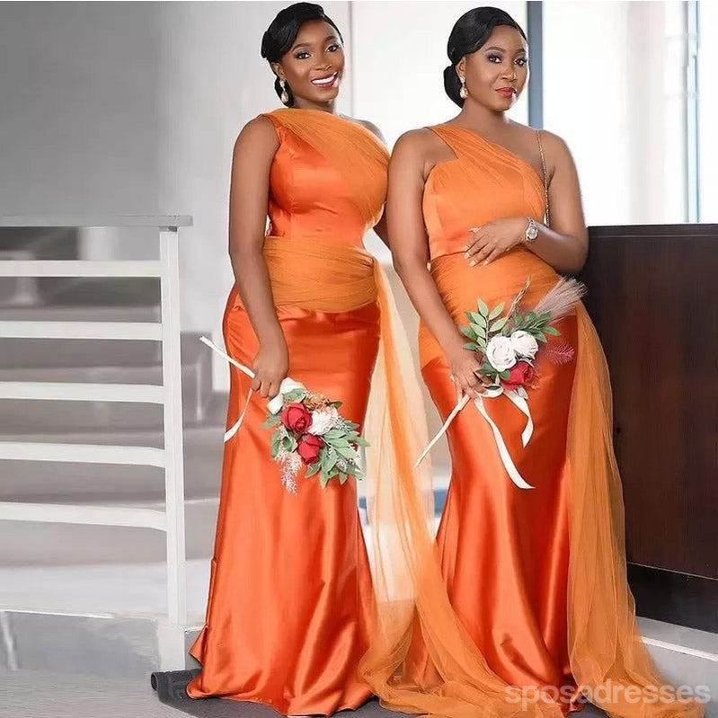 Orange Mermaid One Shoulder Cheap Long Bridesmaid Dresses,WG1442