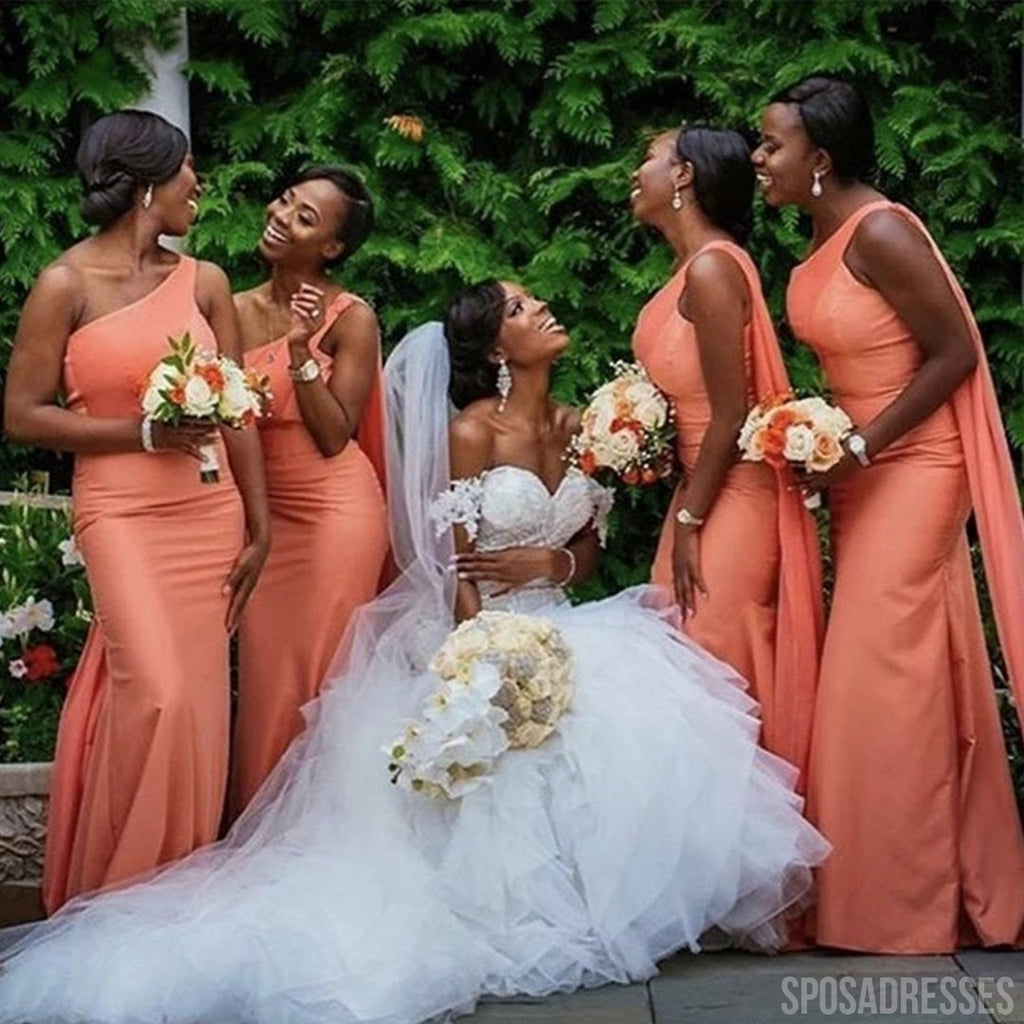 Sexy Mermaid Orange One Shoulder Long Bridesmaid  Dresses Online, WG1012