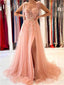 Peach Pink A-line High Slit See Through Long Prom Dresses Online,Dance Dresses,12669