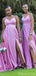 Spaghetti Straps V-neck A-line Pink High Slit Long Bridesmaid Dresses Gown Online, WG997