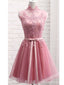 Newest Pink Illusion Lace Short Homecoming Dresses,Cheap Short Prom Dresses,CM877