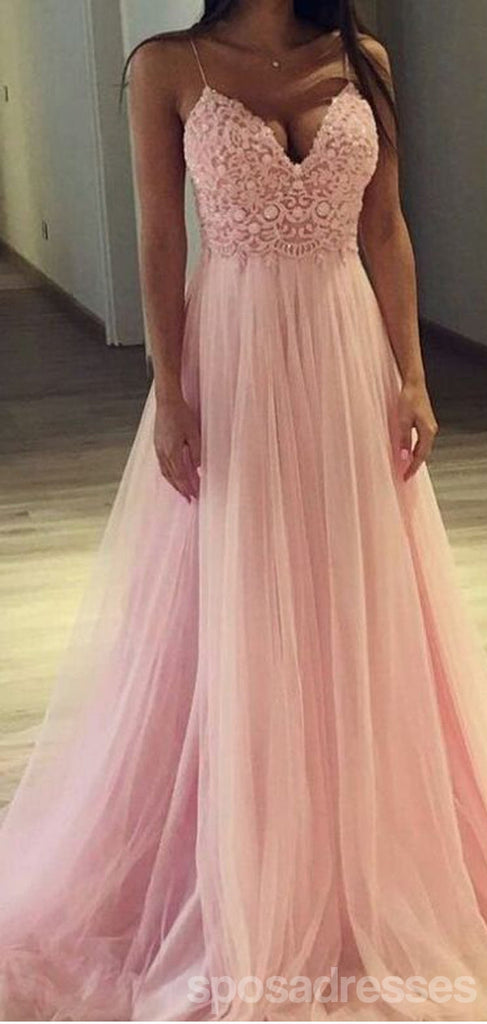 Pink A-line Spaghetti Straps V-neck Cheap Long Prom Dresses Online,12911