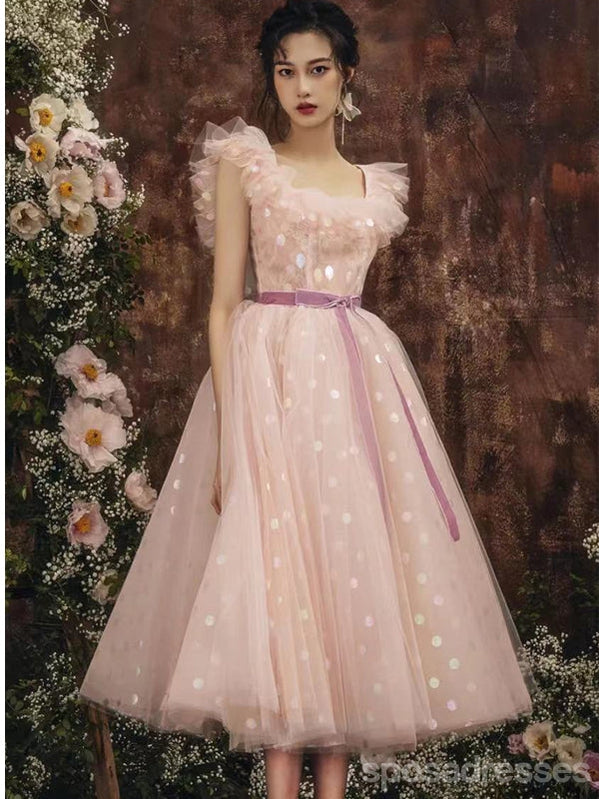 V Neck Dusty Pink Tulle Beaded Short Homecoming Dresses Online, Robes de bal courtes pas chères, CM845