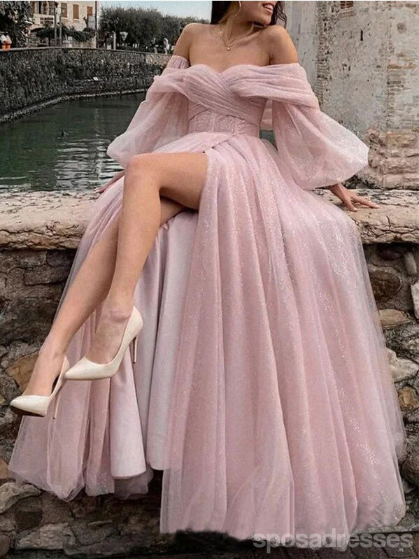 Gorgeous Pink A-line High Slit Cheap Maxi Long Prom Dresses,13261