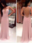 Simple Pink A-Line Backless V-neck Long Prom Dresses Online,Dance Dresses,12635