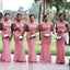 Elegant Mermaid Pink Cap Sleeves Illusion Floral Bridesmaid Dresses Gown Online, WG993