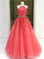 Floral Watermelon Red A-line Halter Sleevelesss Long Prom Dresses Online, Dance Dresses,12589