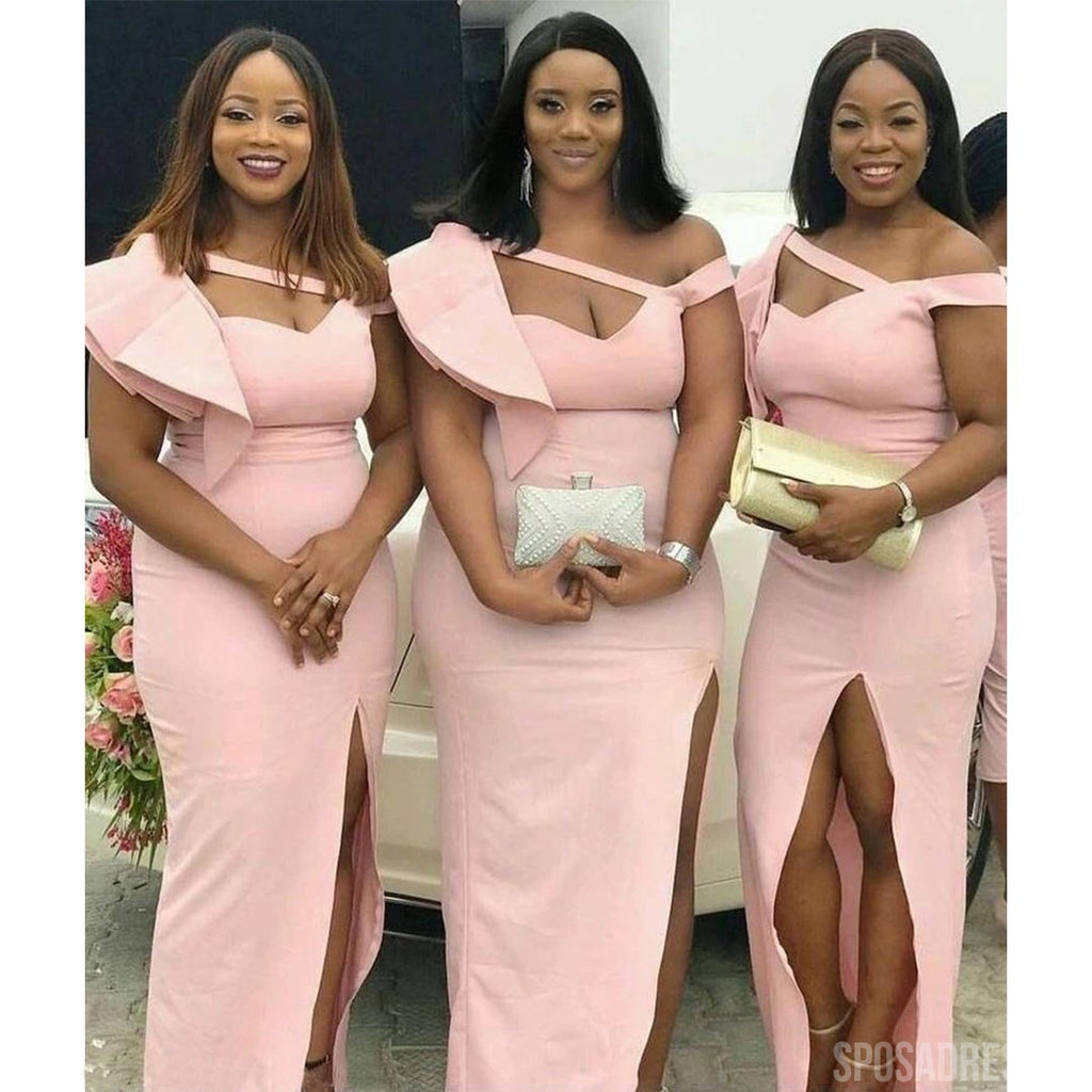 Unique Pink Sheath High Slit Cheap Long Bridesmaid Dresses Gown Online, WG1008