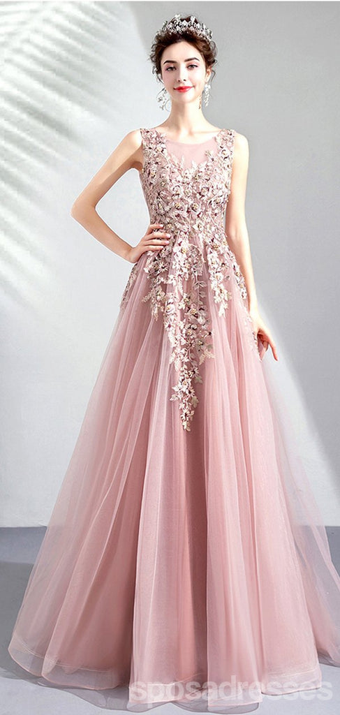 Floral A-line Pink Jewel Long Party Prom Dresses, Cheap Dance Dresses,12542