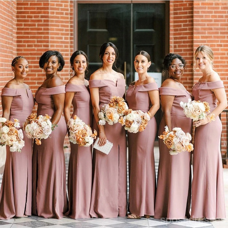 Simple Pink Off Shoulder Mermaid Side Slit Cheap Long Bridesmaid Dresses,WG1309