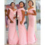 Pink Mermaid Off Shoulder V-neck Cheap Long Bridesmaid Dresses,WG1468