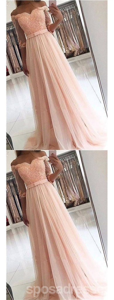 Pink A-line Off Shoulder 3/4 Sleeves Cheap Prom Dresses Online, Evening Dresses,12657