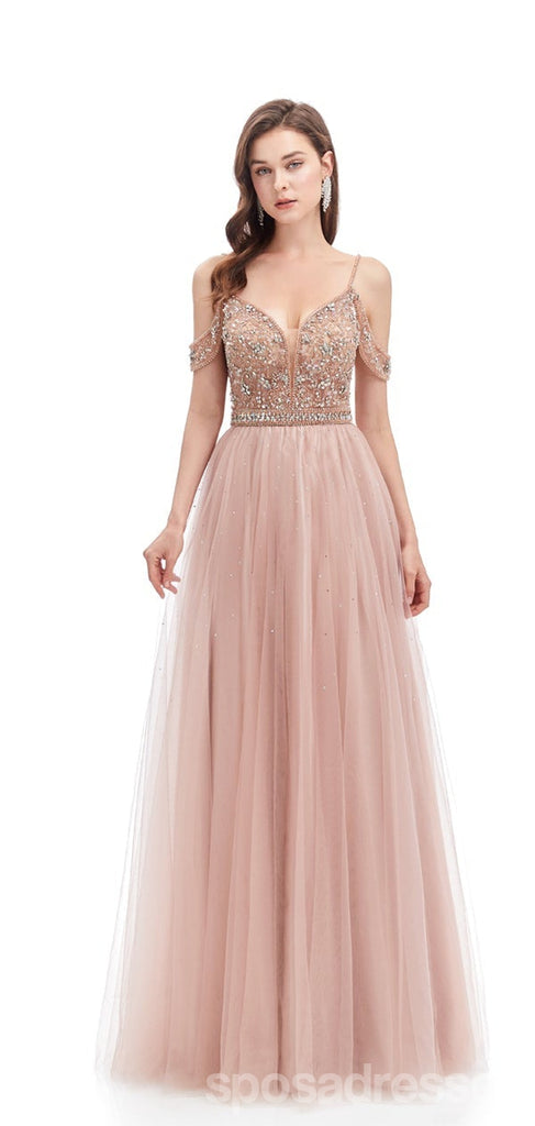 Pink A-line Off Shoulder Spaghetti Straps Backless Prom Dresses Online,12801