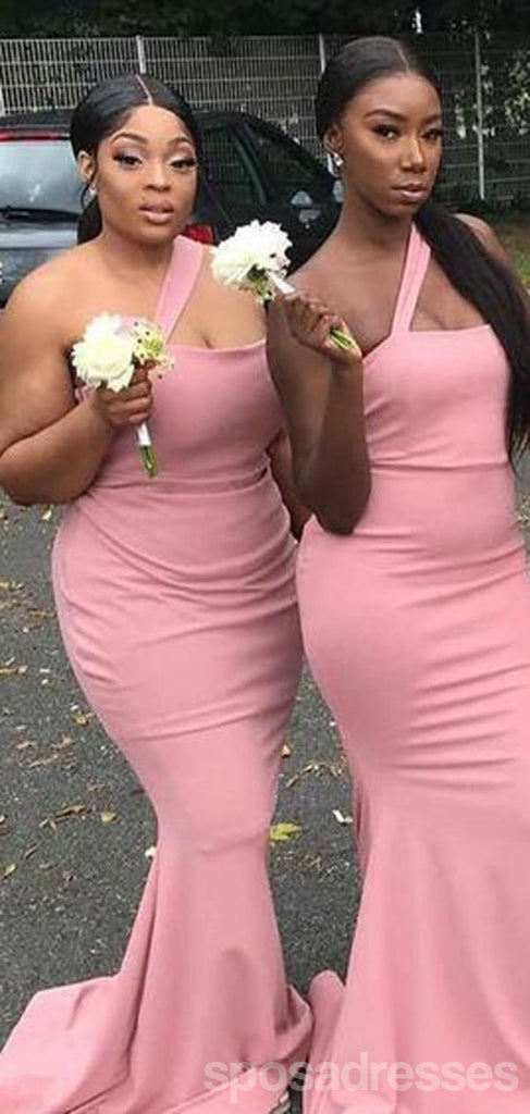 Simple Pink Mermaid One Shoulder Cheap Long Bridesmaid Dresses,WG1342