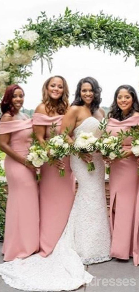 Pink Mermaid Off Shoulder High Slit Long Bridesmaid Dresses Gown Online,WG1096