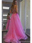 Pink A-line Spaghetti Straps Backless Cheap Long Prom Dresses,12893