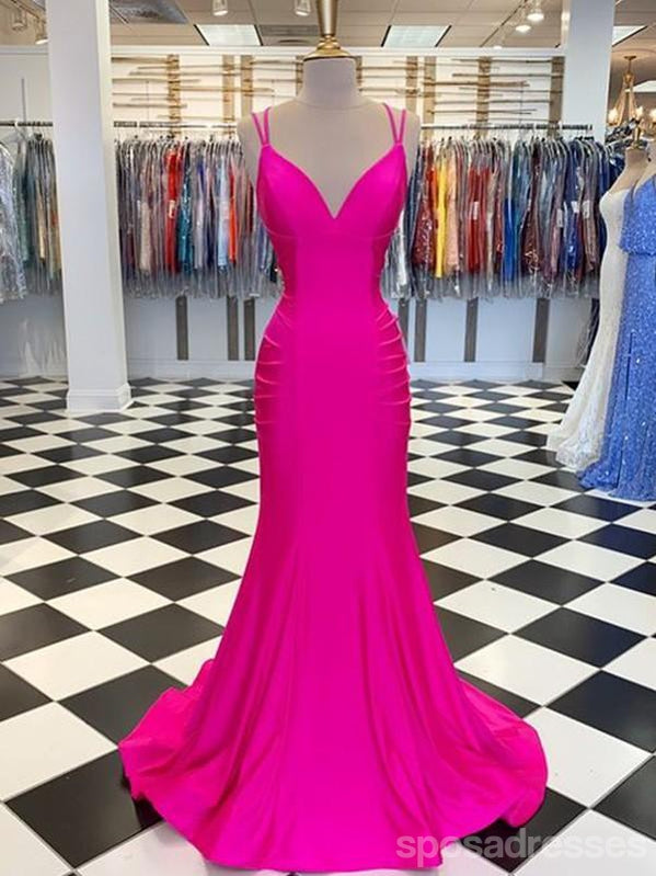 Hot Pink Mermaid Spaghetti Straps V-Neck Backless Long Prom Dresses Online,12630