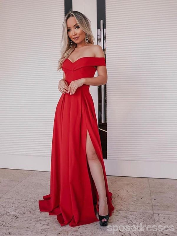 Sexy Red A-line Off Shoulder Side Slit Cheap Long Prom Dresses Online,12614