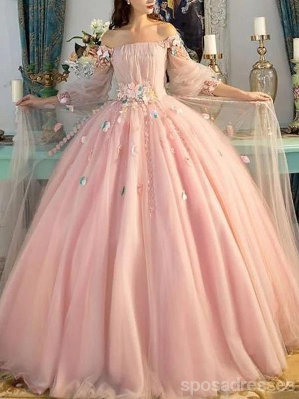 Pink A-line Off Shoulder Long Sleeves Floral Party Prom Dresses, Ball Gown Dresses,12531