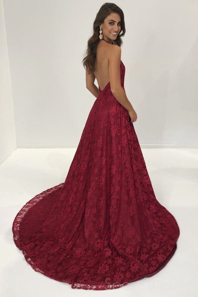 Sexy Lace V Neck Side Slit Maroon A-line Long Evening Prom Dresses, 17711