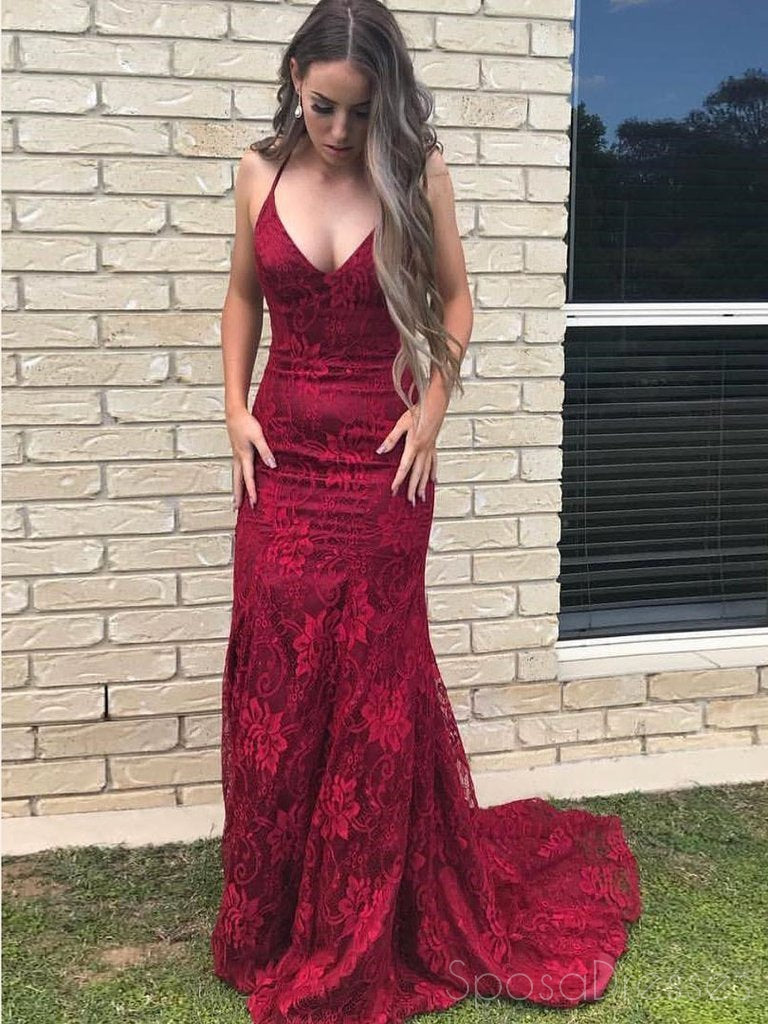 Sexy Backless Red Mermaid Lace Long Evening Prom Dresses, 17688