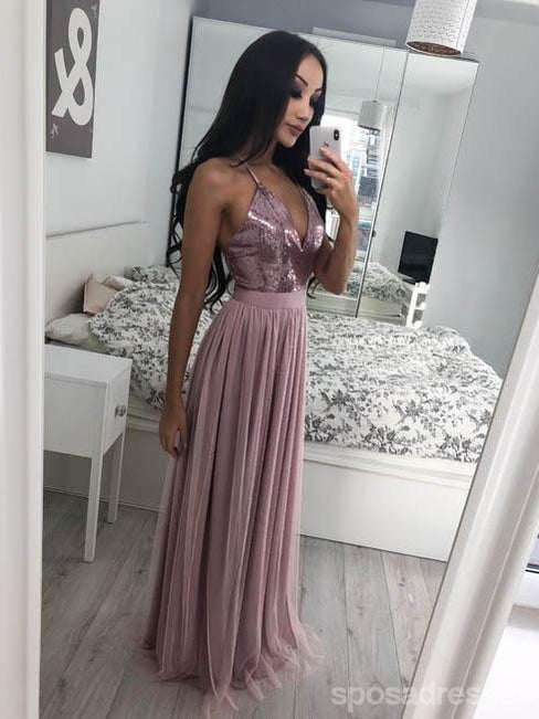 Halter Side Slit Grey Sequin Tulle Long Evening Prom Dresses, Cheap Sweet 16 Dresses, 18384